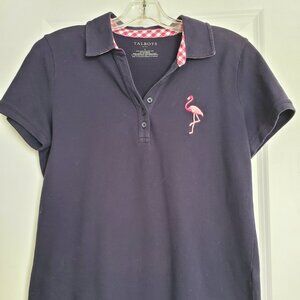 Talbots 3 button V-neck polo with Flamingo accent